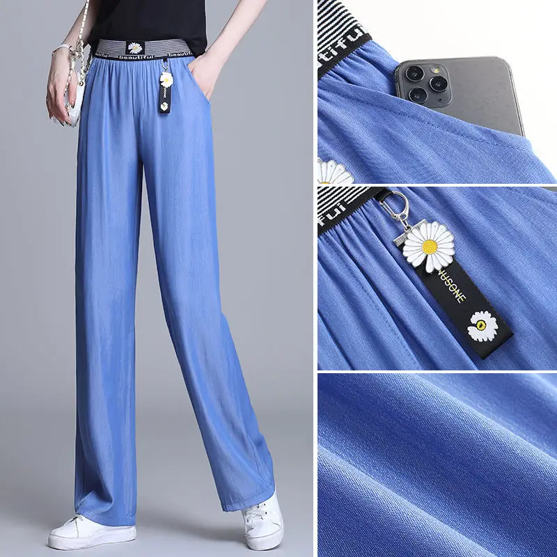 

Women's High Elastic Waist Plus Size S-4XL Jeans for Girls Summer Thin Tencel Baggy Jeans Mom Boyfriend Straight Wide Drape Pant