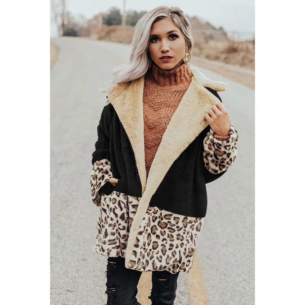 

New Fashion Patchwork Leopard Coat For Women High Quality Winter Thick Warm Outerwear Fluffy Fur Teddy Jacket Female