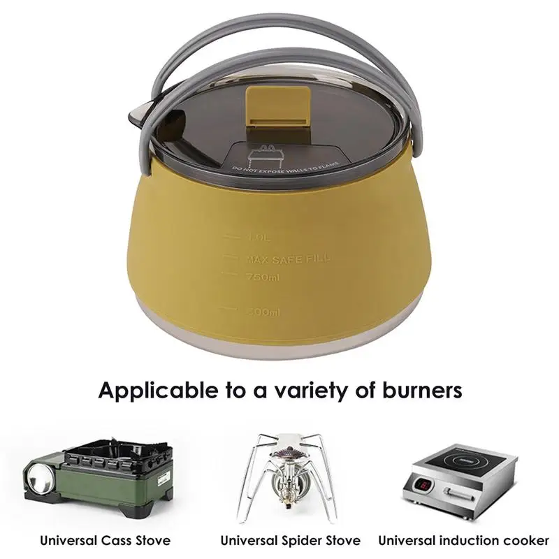 

1L Portable Silicone Kettle Foldable Water Pot Stainless Steel Bottom Folding Camping Coffee Tea Boiler Cooker Outdoor Hiking
