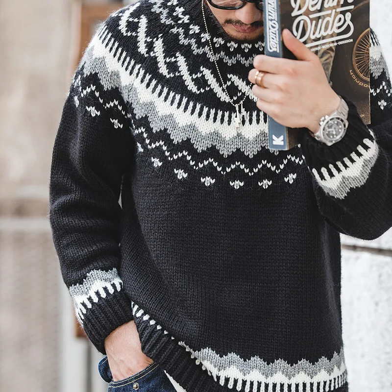 

Maden Men Print Pullover Sweaters Icelandic Fair Island Nordic Knit Sweaters Winter Thick Warm American Vintage Wool Lopapeysa