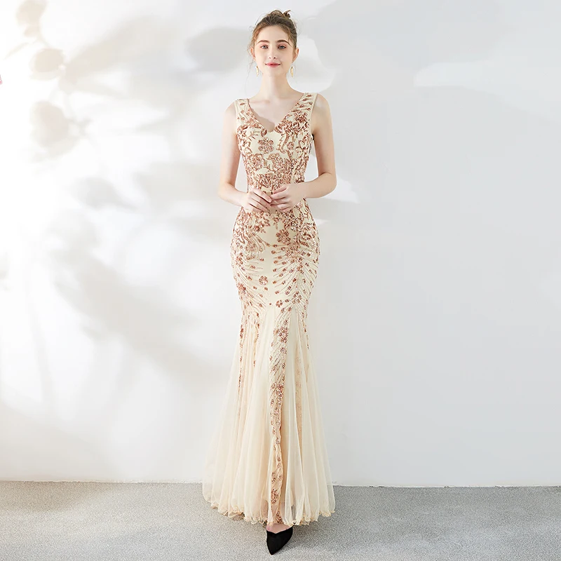 

Evening Dresses V-neck Black Tulle Golden Sequins Pattern Mermaid Floor-length Plus size Zipper Customized Formal Dress R1152