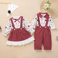 xmas sister and brother print full sleeve bow top t shirts strap dress overalls toddler kids baby children christmas clothes set