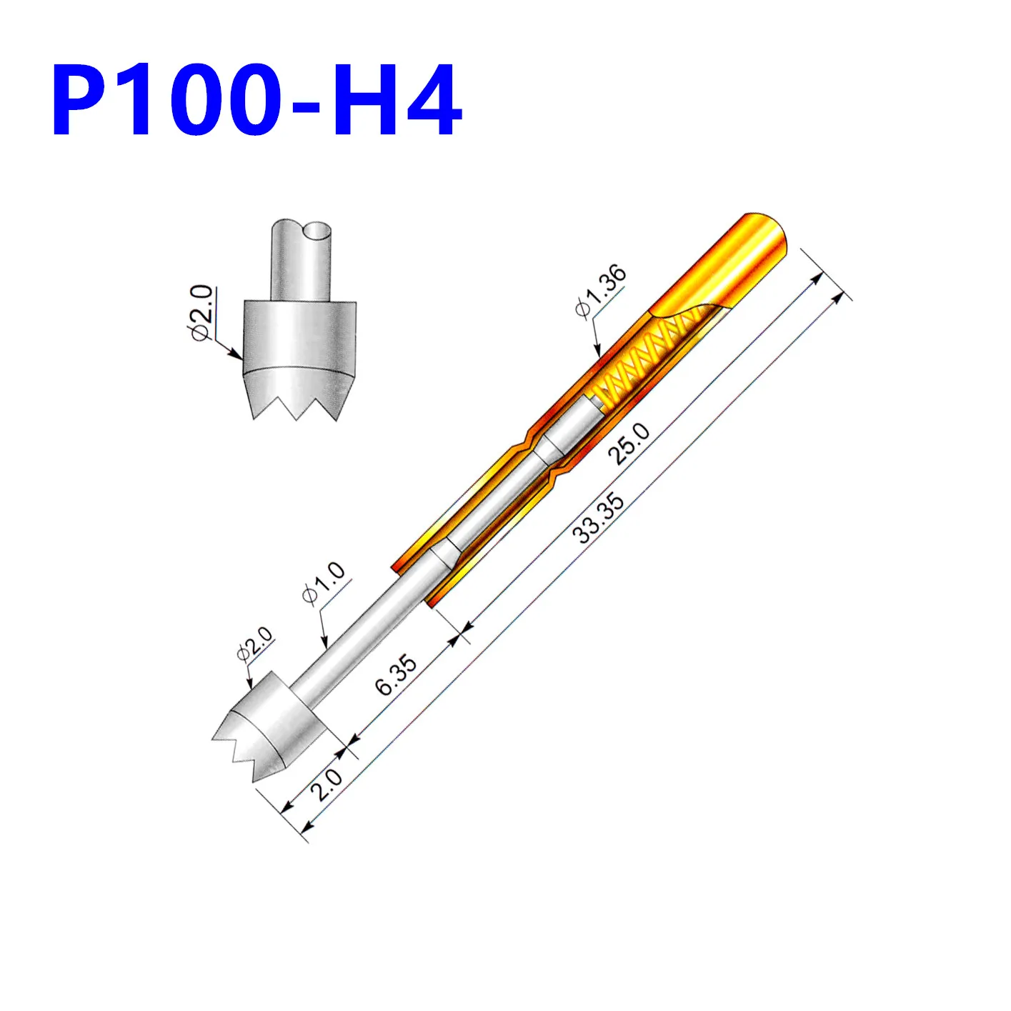 

100 Pieces/package P100-H4 Nine-jaw Plum Blossom Head 2.0mm Spring Test Probe Length 33.35mm for Testing Circuit Boards