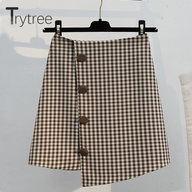 Trytree/осенний женский топ, комплект из трех предметов, с бантиком расклешенный рукав топы с карманами+ юбка, мини-кнопка, офисный женский клетчатый костюм, комплект из 3 предметов