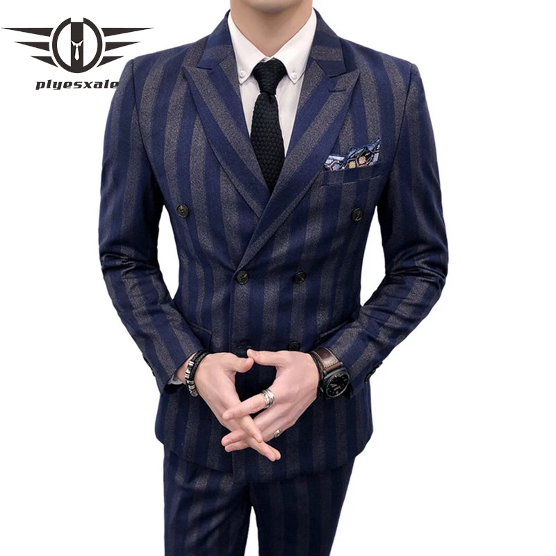 

Men Double Breasted Suit 3 Pieces Men Striped Suits Slim Fit Navy Blue Burgundy Wedding Costume Homme Luxe Party Prom Wear Q99