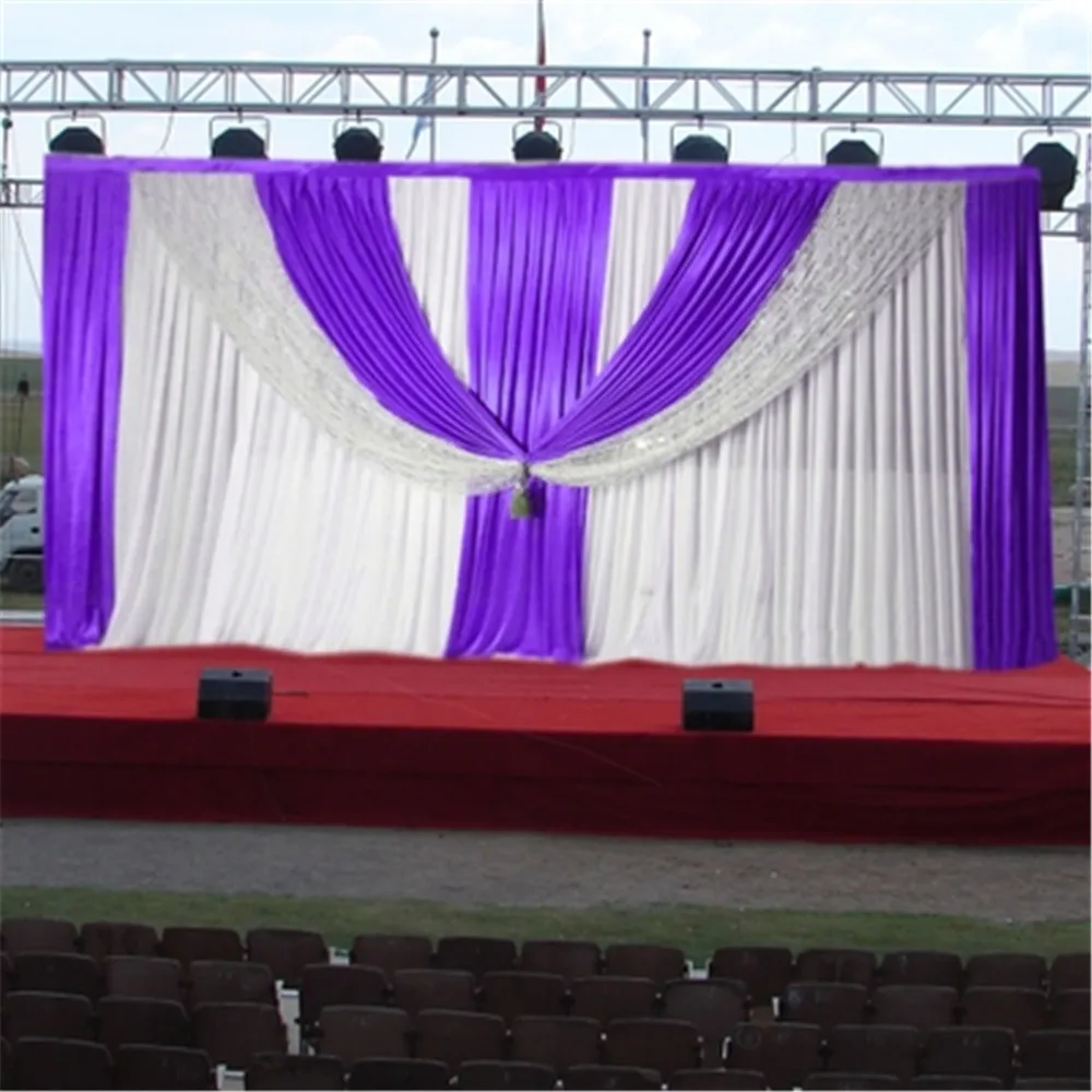 

3m high x 6m width Wedding backdrop with swags event and party fabric purple wedding backdrop curtains including middle sequin