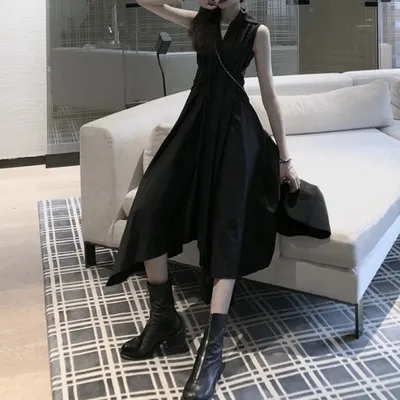 Новинка 2020 юбка-рубашка выше колена темное платье без рукавов для девушек Модная