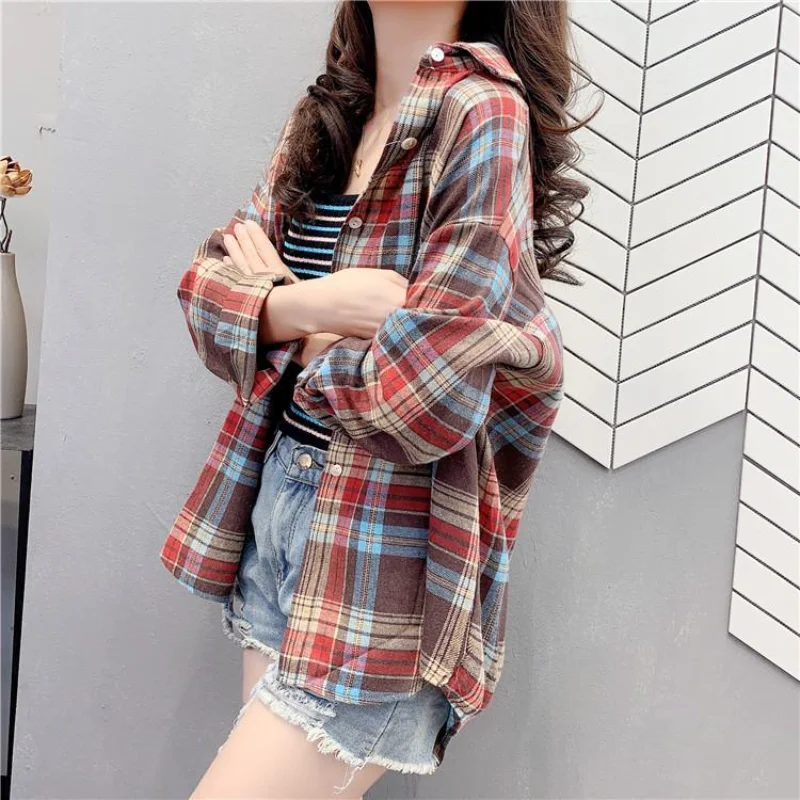 

Spring Autumn 2021 New Style Korean Retro Hong Kong-flavored POLO Collar Contrast Color Plaid Loose Jacket Shirt Female Trend