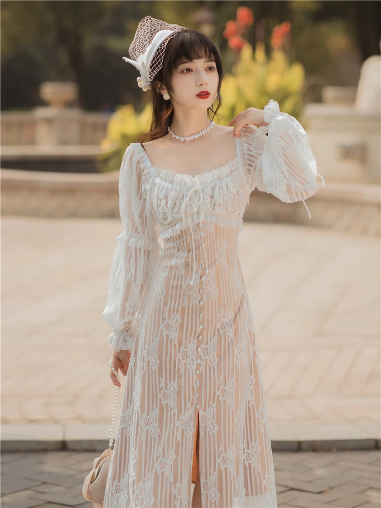 

Slim Women Lace Floral Dress Gorgeous Sexy Square Collar Lantern Sleeve Princess Dresses For Date Birthday Party Night Vestidos