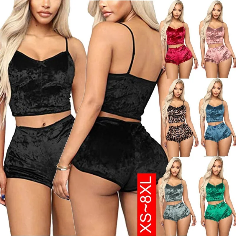 

Pajamas for Women Sexy Spaghetti Strap Velvet Shorts Pajama Set Sleeveless V-Neck 2Pcs Ladies Sleepwear Female Soft Nightwear
