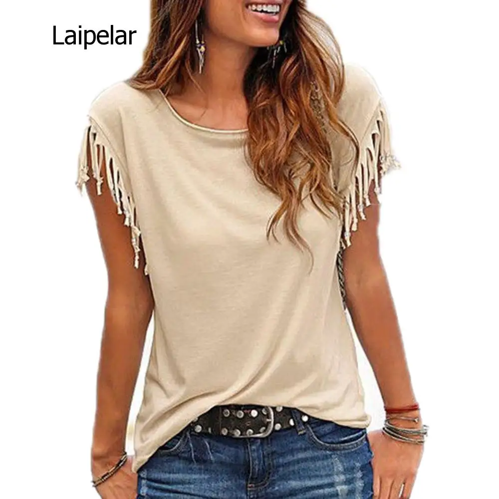 

Women Cotton Tassel Casual T-shirt Sleeveless Solid Color Tees Short Sleeve O-neck Women's Clothing T Shirt Hot Sales In 2020