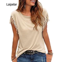 women cotton tassel casual t shirt sleeveless solid color tees short sleeve o neck womens clothing t shirt hot sales in 2020
