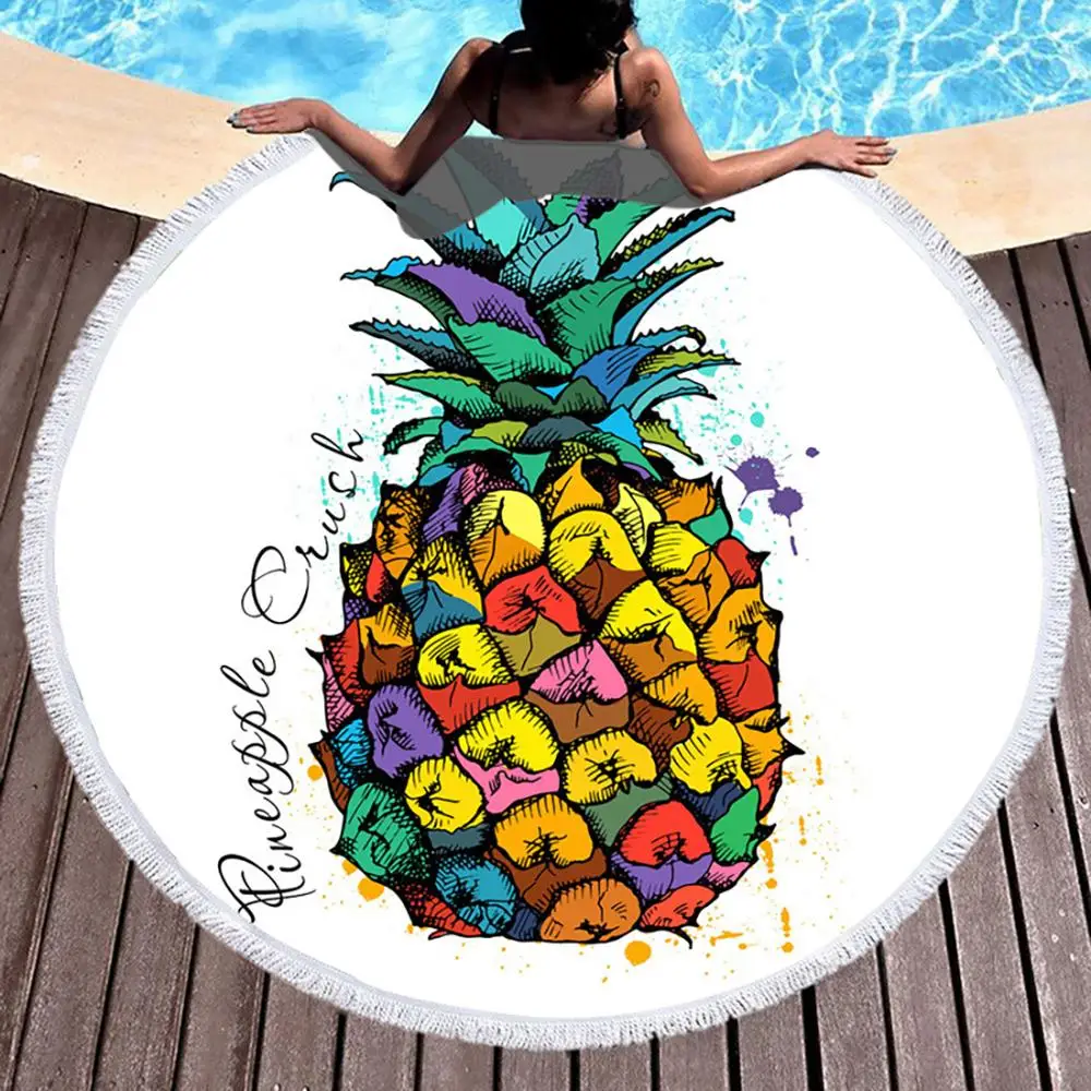 Летнее пляжное банное полотенце с тропическими фруктами ананасами круглое