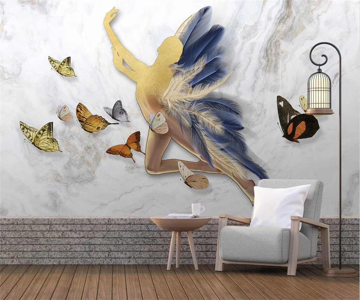 

Фотообои современные модные HD ручная роспись Красота Бабочка белый мрамор фон 3D обои украшения для гостиной