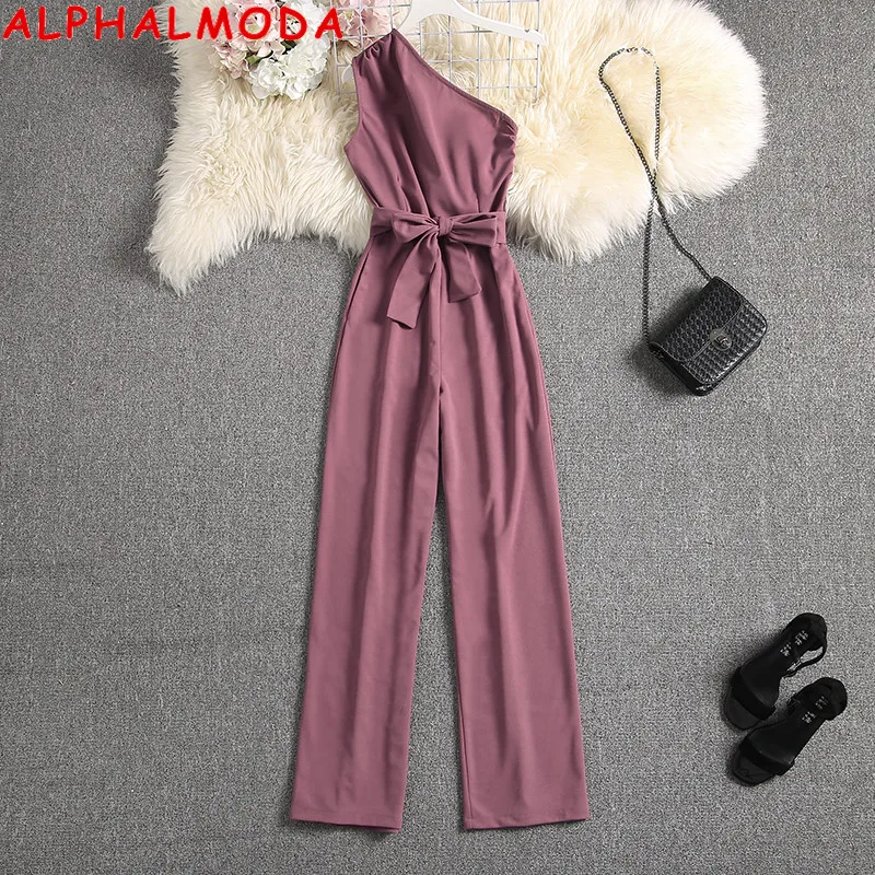 

ALPHALMODA Oblique Shoulder Outfit Sashes Solid Color Slim Fit Ladies Elegant Party Jumpsuit Summer Fashion Rompers