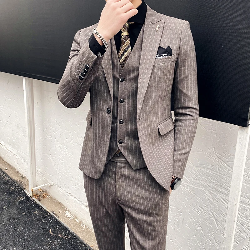 (Костюм + жилет брюки) 2020 новый британский костюм пиджак мужской тонкий полосатый