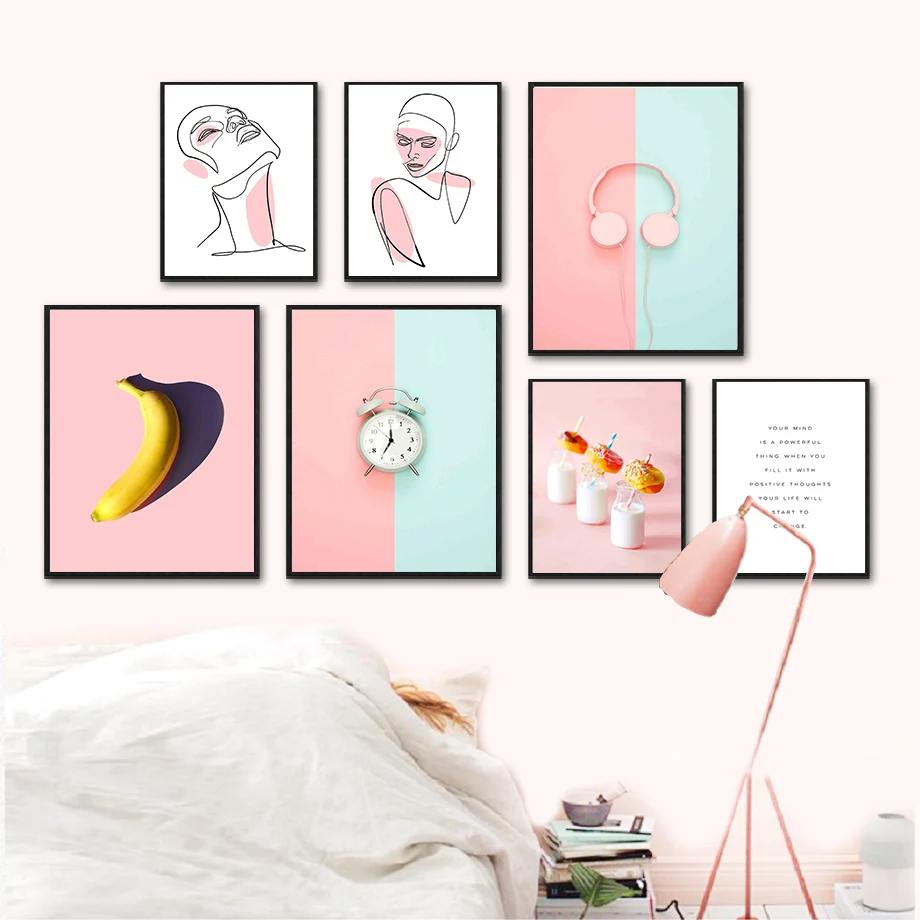 Абстрактная линия лица женщины девушка часы молоко настенная Картина на холсте