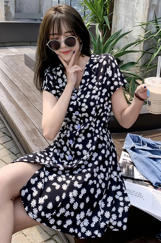 

COIGARSAM Vintage Floral Print Women dress New Summer Notched High Waist Dresses Black 3755
