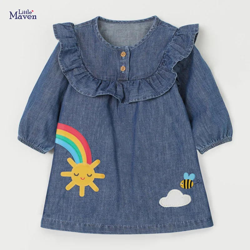 

Little Maven Frocks for Baby Girl Brand Autumn Clothes Sunny Rainbow Insect Applique Toddler Denim Fall Dress for Kids 2-7 Years