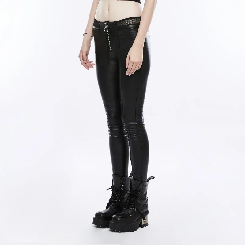 PUNK RAVE Rock Ladies Black Elastic PU Leather Pants Minimalist Stitching Fishnet Lace Low Waist Skinny Women Pencil Trousers