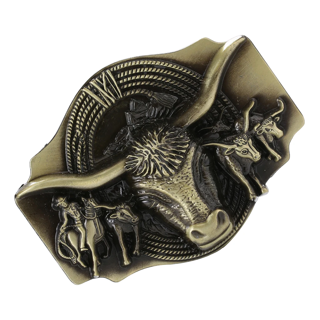 Retro Western Cowboy Belt Buckle Embossed Long Horn Bull Rodeo Bronze |