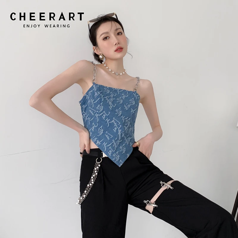 

CHEERART Metal Chain Spaghetti Strap Crop Top Asymmetrical Jacquard Denim Top Summer 2021 Fashion Blue Tube Cami Top Clothing
