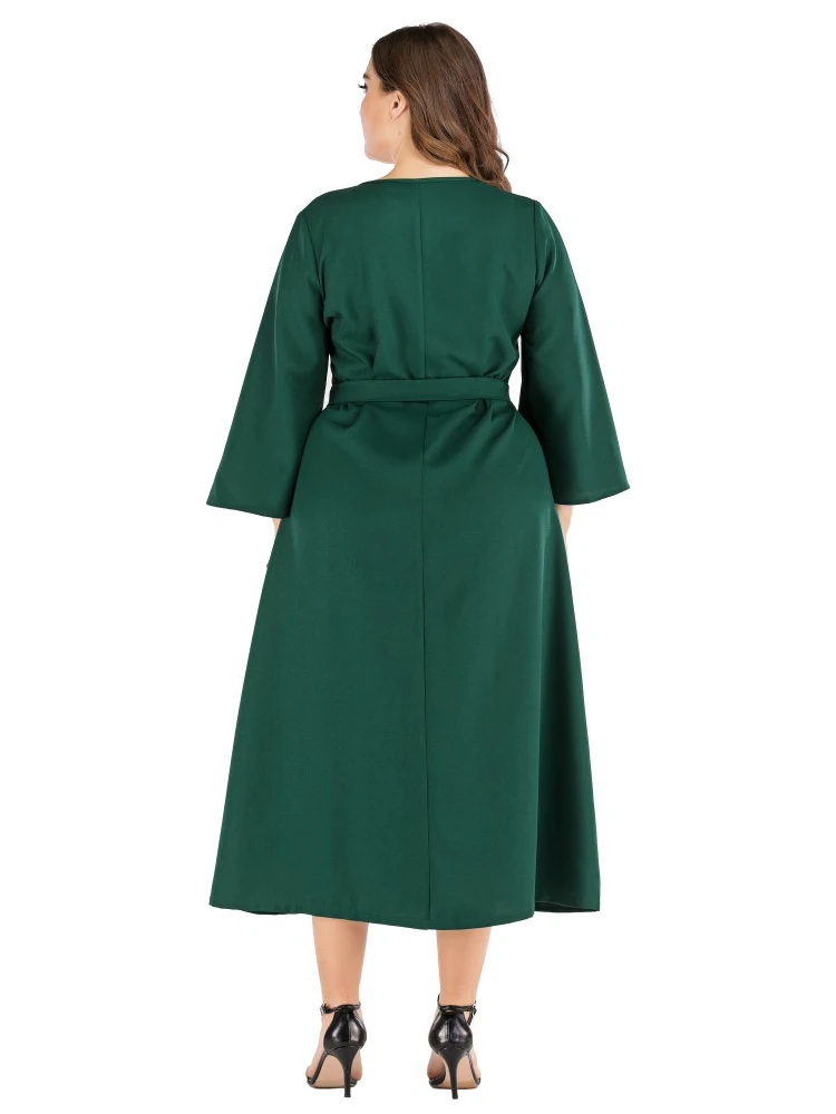 

Spring Autumn women's hot sale wrist length sleeve V-neck lace-up waisted patchwork splicing fake two pieces plus size dress