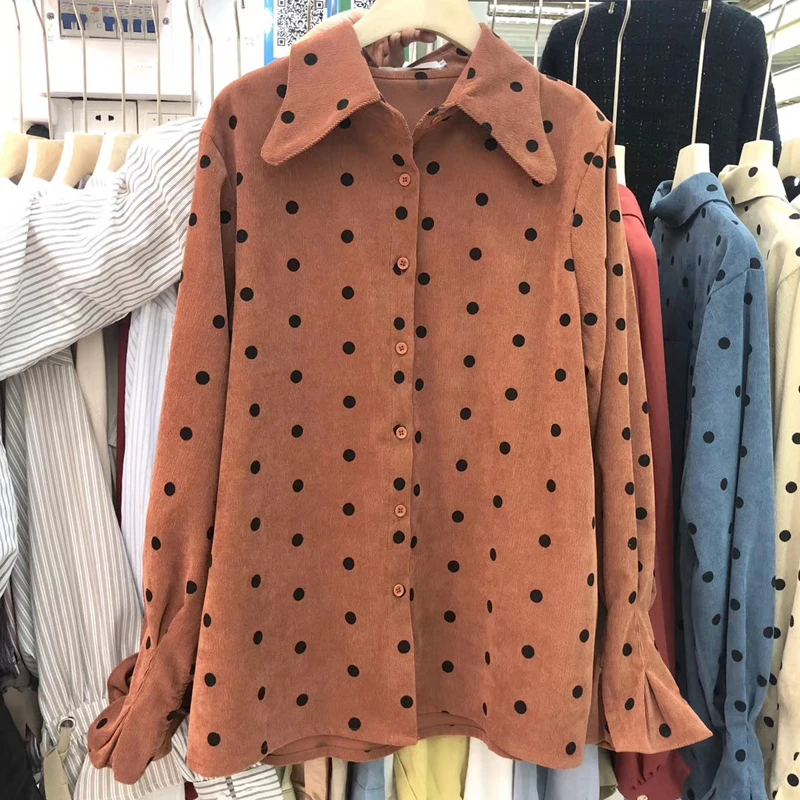 

Korea Winter Jacket Women 2019 Autumn New Lapel Loose Single-Breasted Corduroy Polka Dot Long Sleeve Shirt Female Blouse Coat
