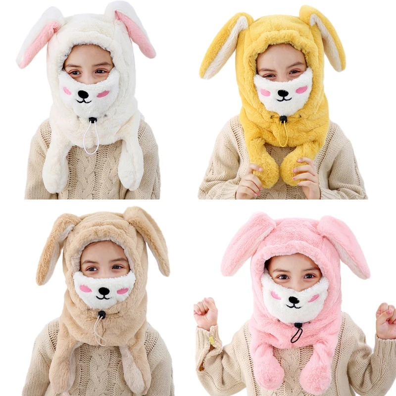 

Toddler Kids Winter Fuzzy Plush Beanies Hat Ski Full Face Cover Neck Warm with Jumping Rabbit Ears Outdoor Windproof Earflap Cap