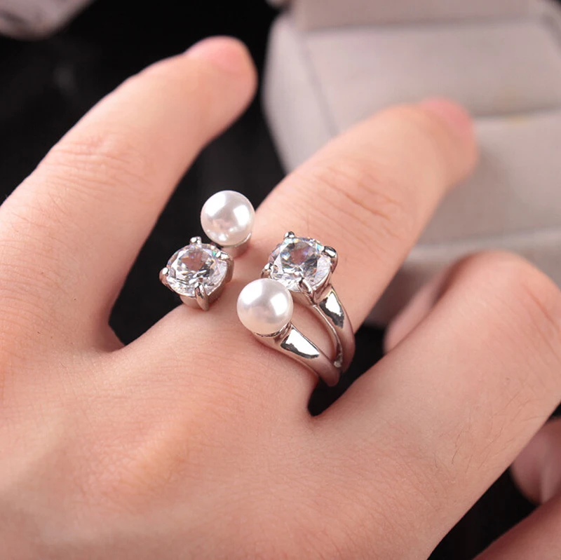 2020 модное кольцо с цирконием регулируемое жемчугом и кристаллами для девушек