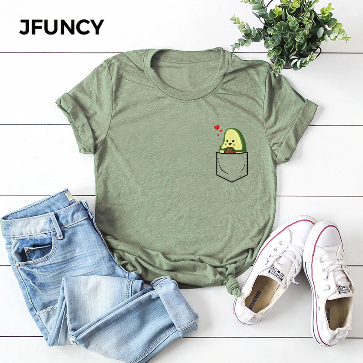 JFUNCY Fun Cartoon Pocket Print Loose T Shirt Oversize Women Tees Tops Summer Cotton T-Shirt Woman Shirts Fashion Casual Tshirt