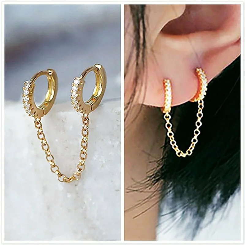 

Fashion Sale Women's Double Pierced Conjoined Shiny Crystal Zircon Metal Chain Party Earrings Jewelry All-match Single Product