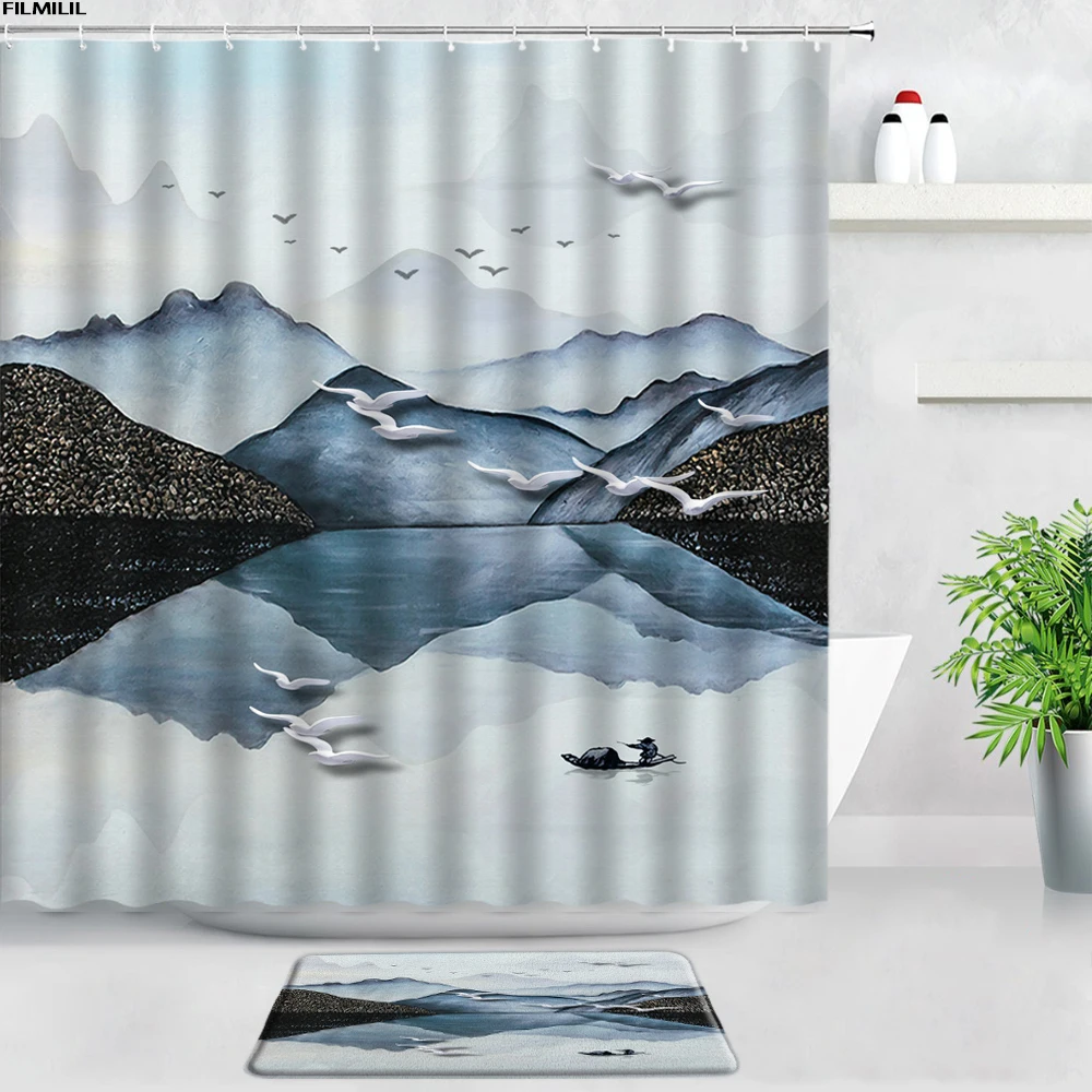 

Ink Bamboo Waterproof Shower Curtains Bath Mats Sets Mountain Chinese Style Home Decor Bathroom Carpet Door Pad WC Non-slip Rugs