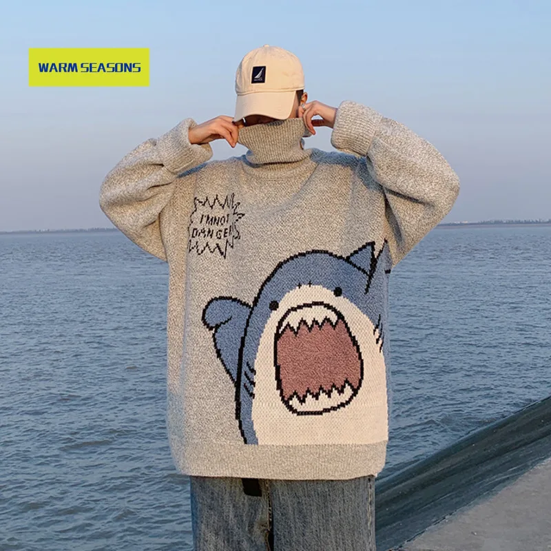 

Men Turtlenecks Shark Sweater Men 2020 Korean Style High Neck Oversized Grey Turtleneck For Men