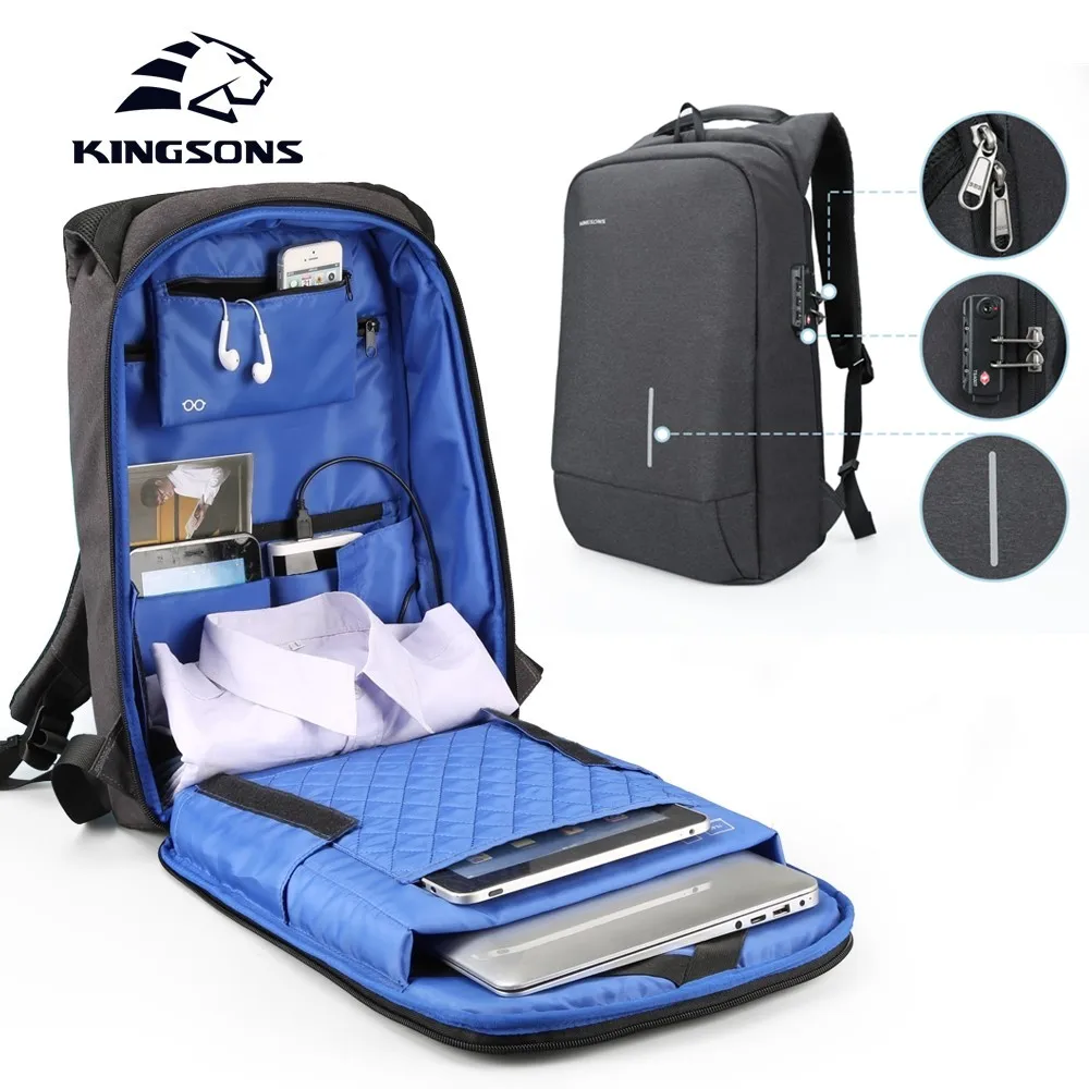 Kingsons Men's Backpack for 13 15 Laptop TSA Lock Anti-theft Bookbag Travel Backpacks External USB Charging School Bag Man Women | Багаж и