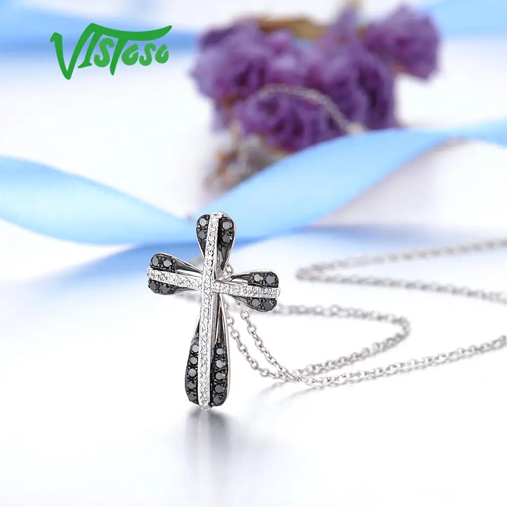 VISTOSO золотые подвески для женщин натуральная 14K 585 Белое золото сверкающие бриллианты черная цепочка с бриллиантовым крестом кулон ювелирные украшения