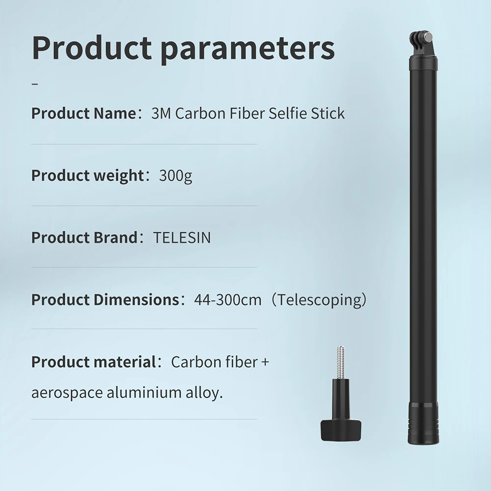 

TELESIN 3M Selfie Stick Carbon Fiber Monopod Adjustable Length 1/4 Screw Hole For GoPro 9 8 7 Osmo Action Insta360 Xiaoyi Sjcam