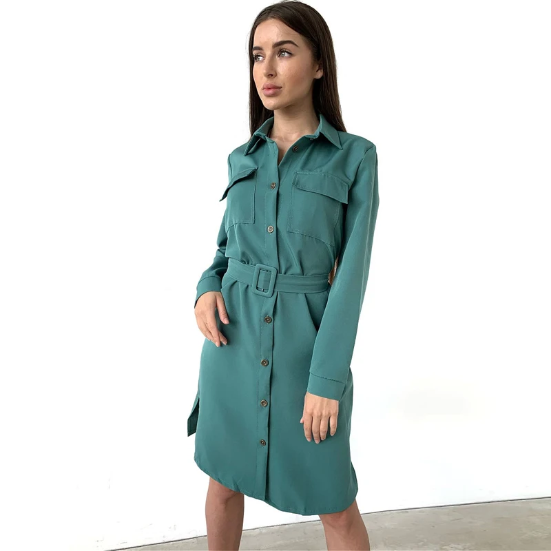 

Повседневное прямое платье Moarcho с отложным воротником, женское однобортное платье с длинным рукавом, поясом и карманами, осень 2021