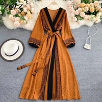 zqlz women spring autumn printed dress vintage puff long sleeve high waist a line female 2021 new fashion beach robe vestidos