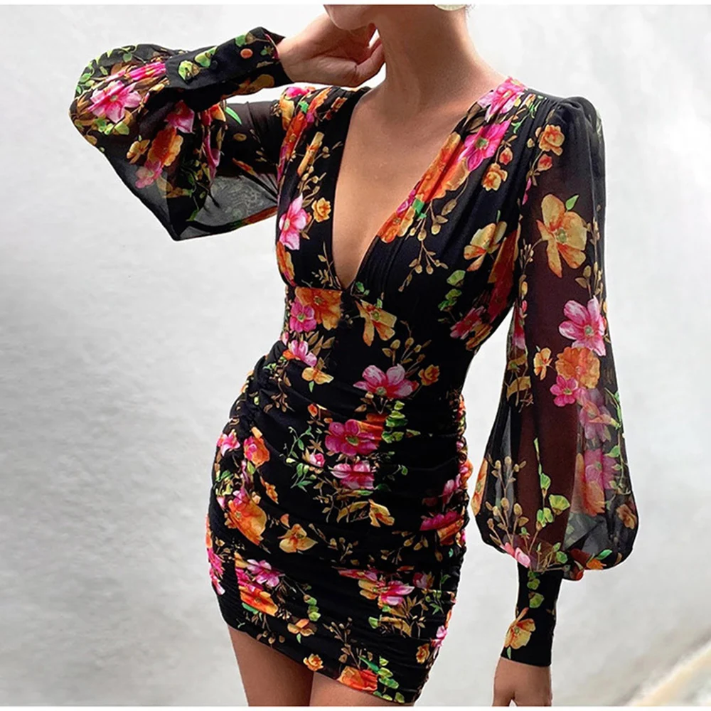 

Sexy Deep V-neck Lantern Sleeve Bodycon Dress Spring Autumn Elegant Floral Print Ruched Mini Dresses For Women Vestidos De Mujer