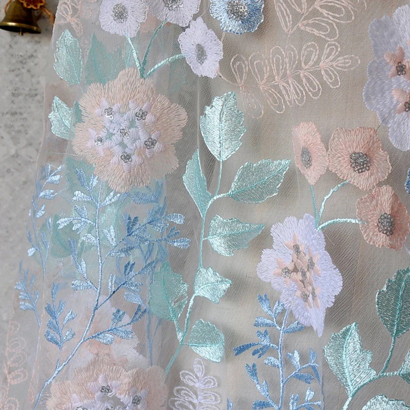 

100*135cm Blue Flower Leaf Sequin Lace Fabric Chic Tulle Mesh Embroidery Floral Fabric For Diy Wedding Dress Cheongsam Curtain