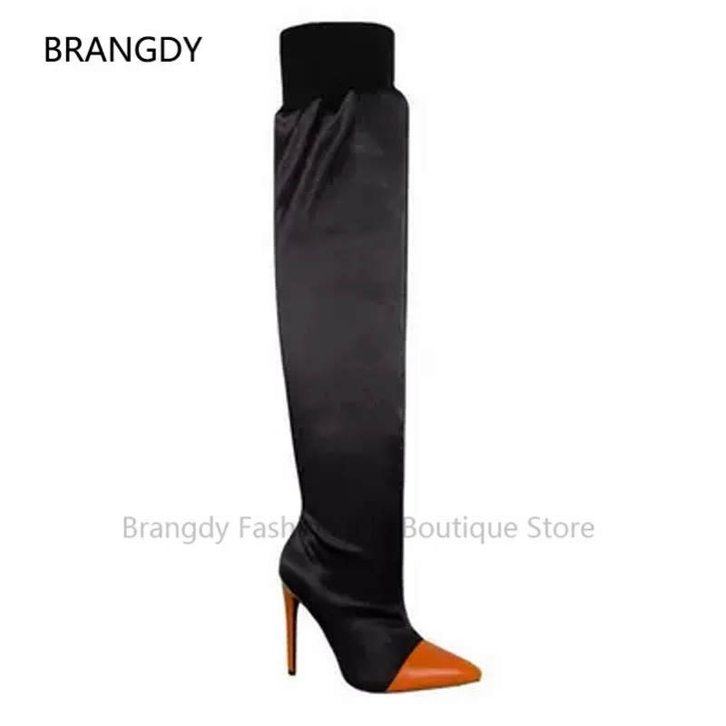 

2021 Summer Satin Leather Knee-High Boots Pointy Sequins Laser Slouchy Stiletto Heels Boats Female Runway Banquet Women Shoes