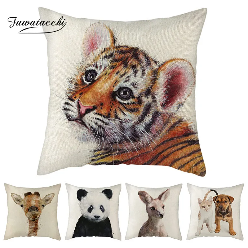 

Fuwatacchi Linen Dog Series Cushion Cover Home Decor Tiger Panda Raccoon Throw Pillows Covers Sofa Decorative Pillowcase Double