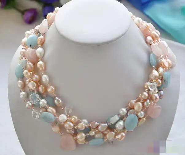 

free shipping 5row pink BAROQUE pearl pink crystal Amazon stone necklace