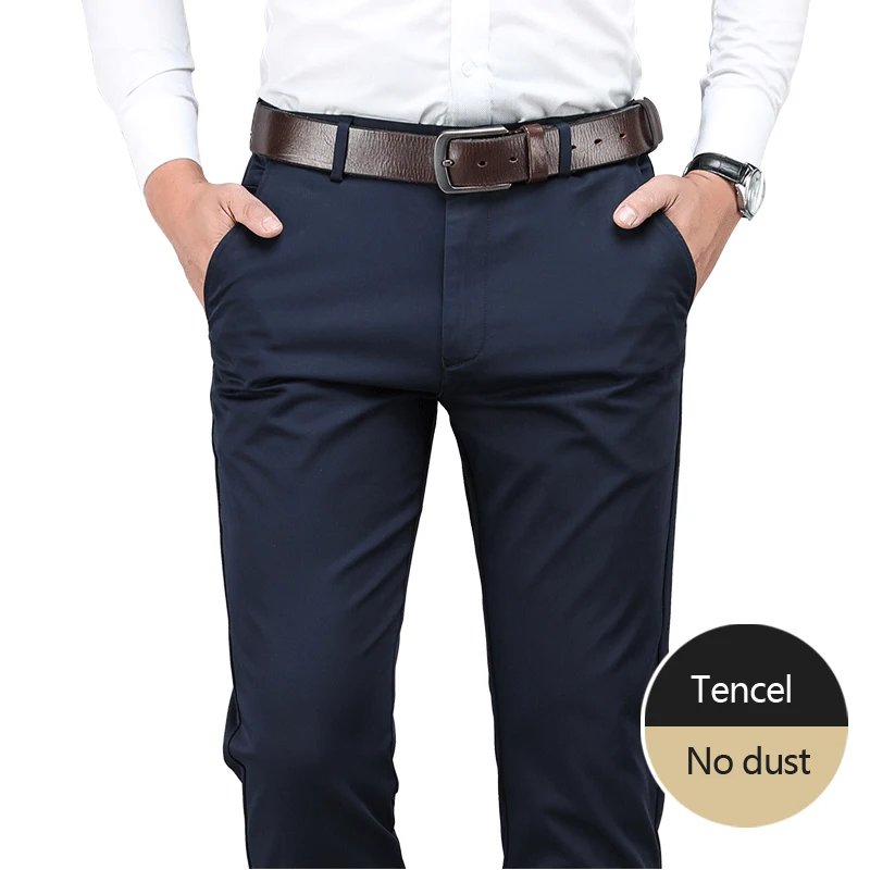 Plus Size 40 42 44 Men's Tencel Casual Pants Not Ash High Quality Fashion Business Straight Elastic Trousers Male Brand Clothes