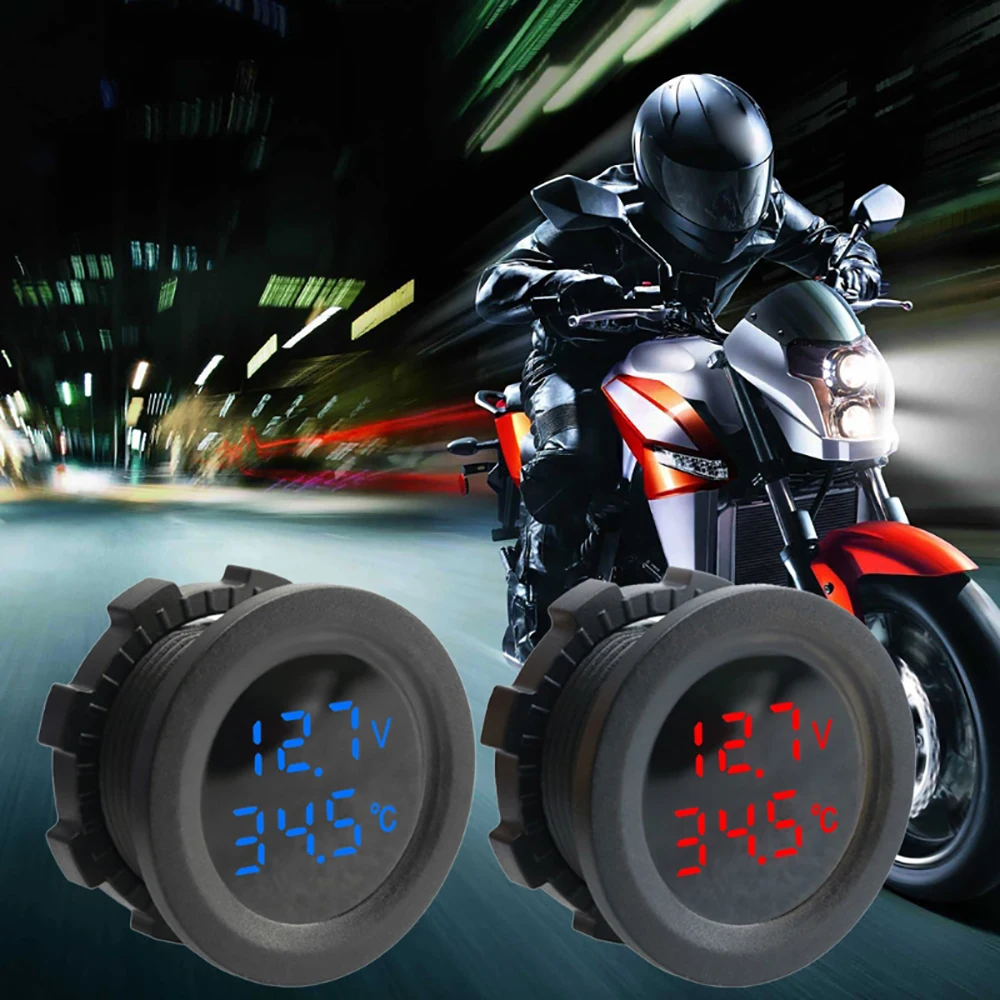 12V 24V Motorcycle Round Temperature Voltmeter Auto Voltage Test Display Digital Measurement Suitable For Motorbike Boat Yacht | Автомобили