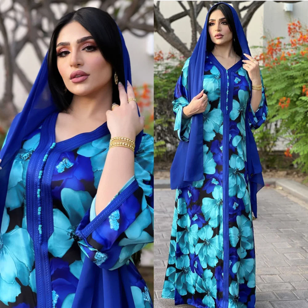 Летние Элегантные платья, Рамадан, синий цветок, кебая, мусульманская женская одежда, модный халат, длинный Дубайский кафтан, Арабская Флора