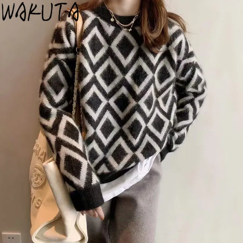 

Argyle Sweater Women Autumn Winter Female Vintage Pullovers Sweaters Korean 2021 Elegant All Match O Neck Knitted Tops