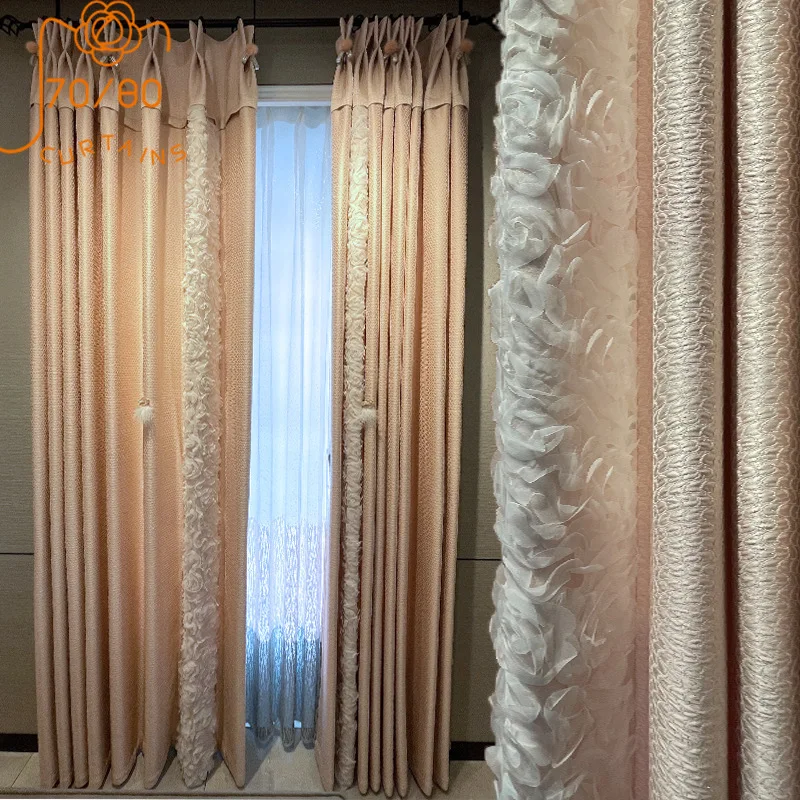 

New Pink Light Luxury Princess Room Lace Stitching Blackout Curtains for Living Room Bedroom Finished Custom Valance