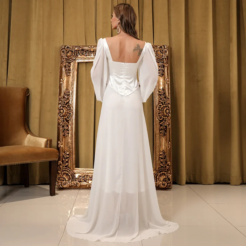 

Sladuo 2021 Summer Women Pure Color Elegant Square Neck Chiffon Long Sleeve Dress Fashion Corset Long Dress M0990